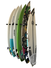 Load image into Gallery viewer, Wall mounted vertical surfboard racks powder coated black to hold 6 boards