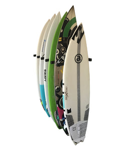 Wall mounted vertical surfboard racks powder coated black to hold 6 boards