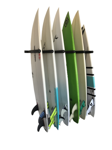 Wall mounted vertical surfboard racks powder coated black to hold 6 boards