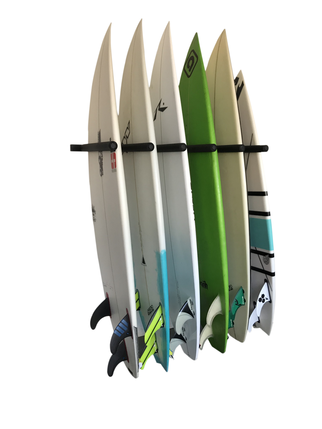 Wall mounted vertical surfboard racks powder coated black to hold 6 boards