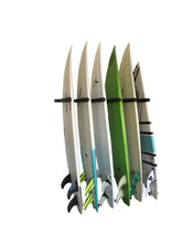 Load image into Gallery viewer, Wall mounted vertical surfboard racks powder coated black to hold 6 boards