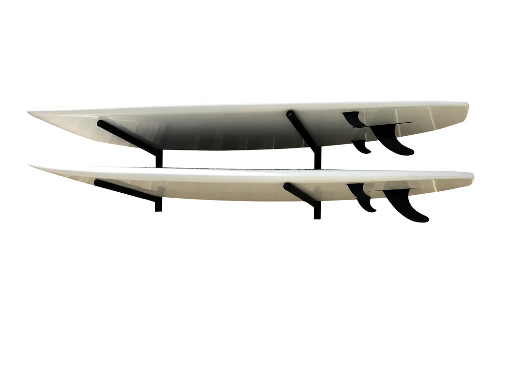Wall mounted stand up paddle board racks powder coated black to hold 2 boards  