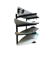 Load image into Gallery viewer, Wall mounted surfboard racks powder coated black to hold 4 surfboards or mal