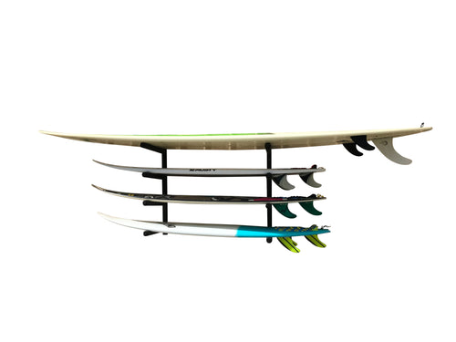 Wall mounted surfboard racks powder coated black to hold 4 surfboards or mal