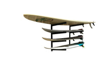 Load image into Gallery viewer, Wall mounted surfboard racks powder coated black to hold 4 surfboards or mal 