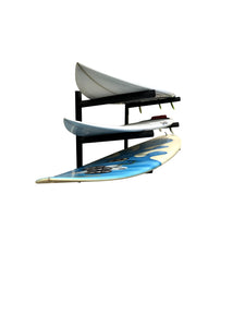 Wall mounted surfboard racks powder coated black to hold 3 surfboards or mal