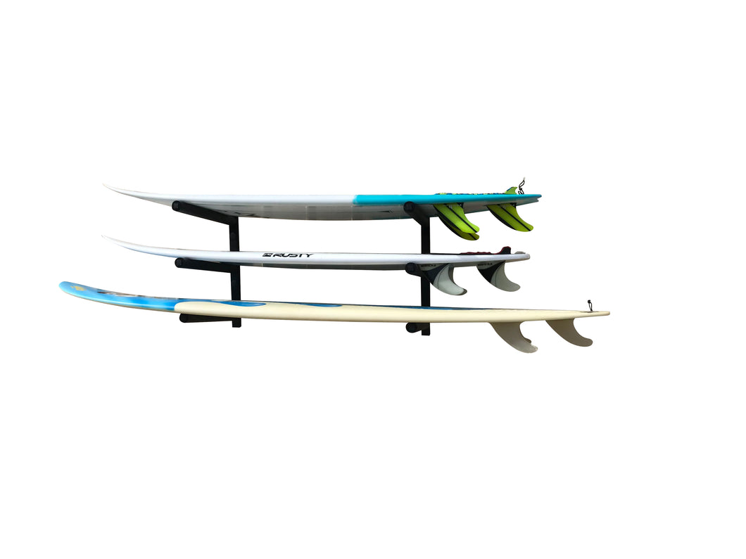 Wall mounted surfboard racks powder coated black to hold 3 surfboards or mal