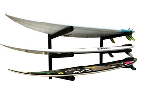 Wall mounted surfboard racks powder coated black to hold 3 surfboards 