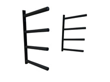 Load image into Gallery viewer, Wall mounted surfboard racks powder coated black to hold 4 surfboards or mal