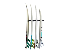 Wall mounted vertical surfboard racks powder coated black to hold 4 boards