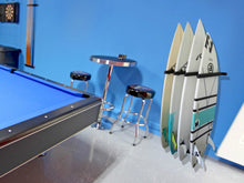 Load image into Gallery viewer, Wall mounted garage vertical surfboard racks powder coated black to hold 4 boards