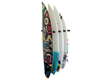 Load image into Gallery viewer, Wall mounted vertical surfboard racks powder coated black to hold 4 boards 