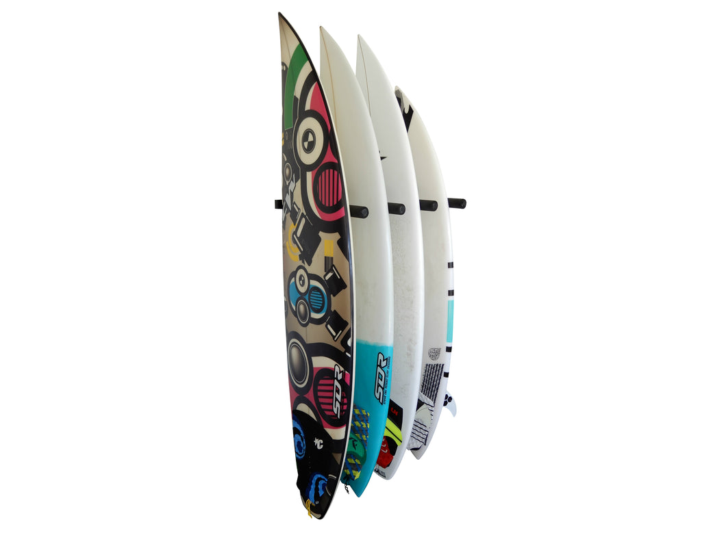 Wall mounted vertical surfboard racks powder coated black to hold 4 boards 