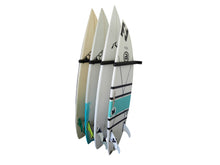 Load image into Gallery viewer, Wall mounted vertical surfboard racks powder coated black to hold 4 boards