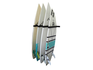 Wall mounted vertical surfboard racks powder coated black to hold 4 boards